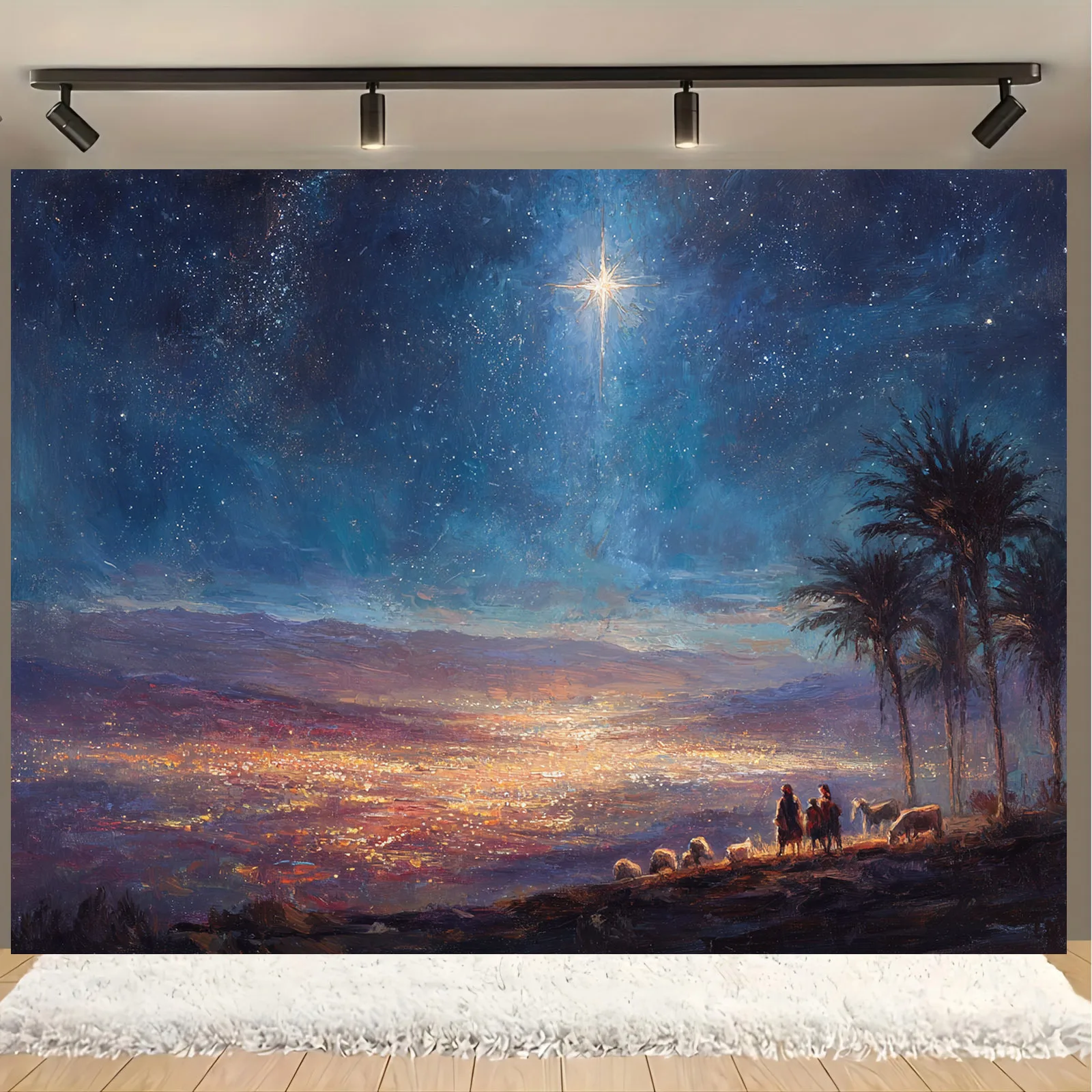 2D flacher 1-teiliger Polyester-Hintergrundstoff für die Krippenstufe – Sternennacht, religiöse Weihnachtsdekoration