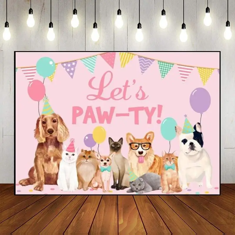 Party Backdrop Wall Background Photography Dog Theme Pet Cartoon Custom Happy Birthday Let's Pawty Owner Decoration Banner Photo