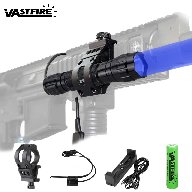 

Tactical 1 Mode LED WF-501B Blue Flashlight Torch Lamp Hunting Weapon Light+Remote Switch+Rifle Scope Mount+18650+USB Charger