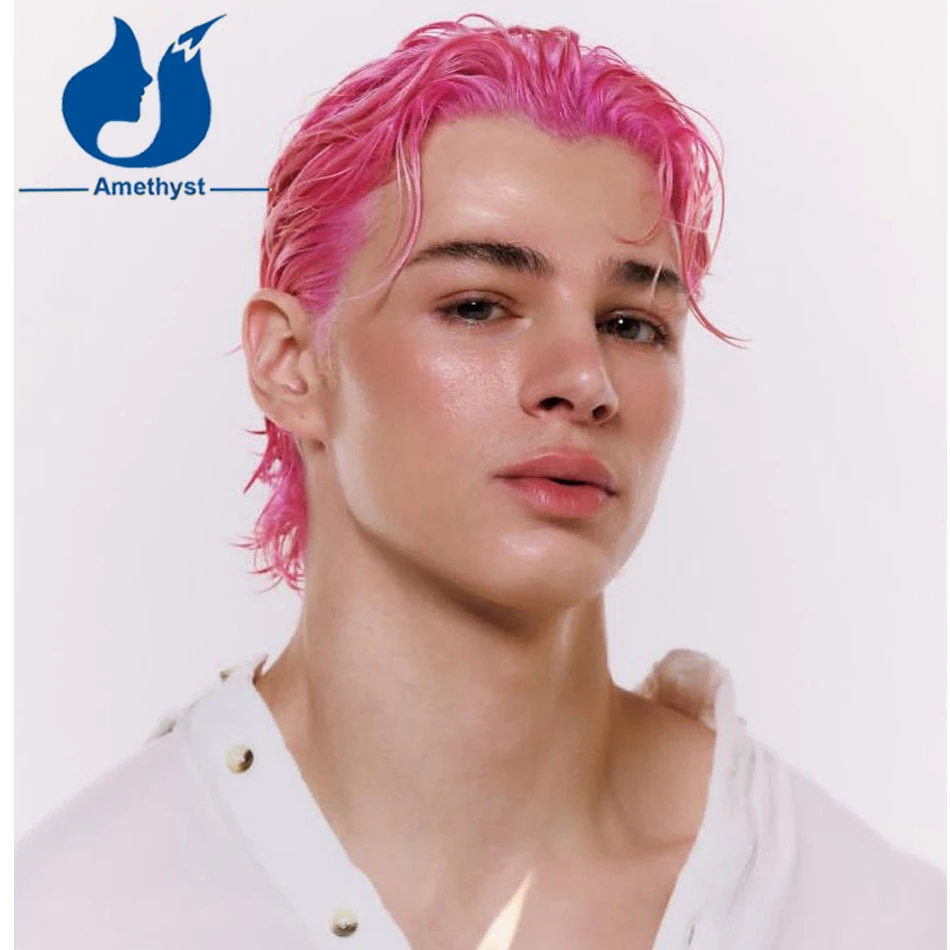 Amethyst Wave Pink Color Fashion Wig Short Layered Cut Full Lace Human Hair Wig for Men Remy Brazilian Hair Pre Styled