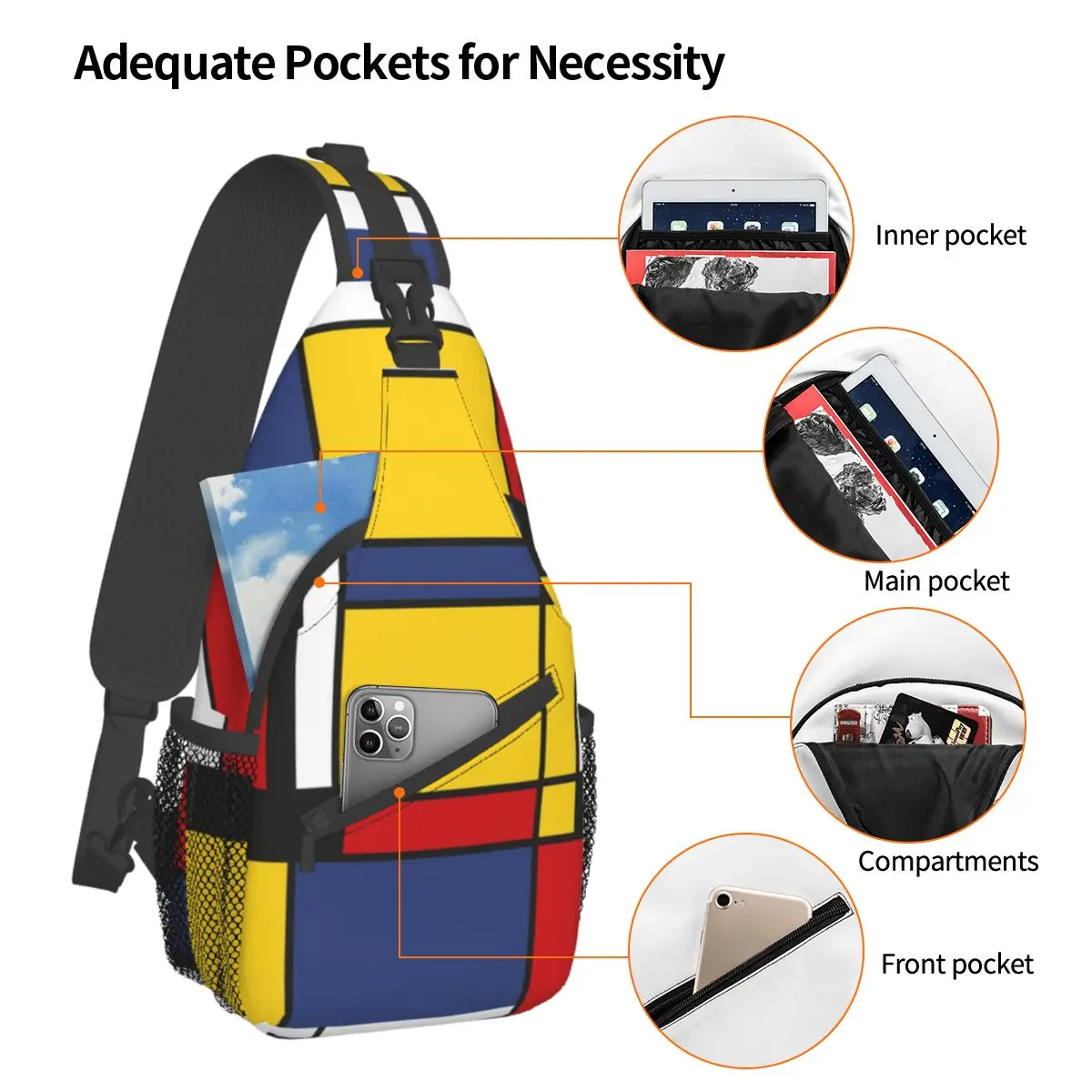 Mondrian Geometric Sling Bag Chest Crossbody Shoulder Backpack Hiking Travel Daypacks Art Abstract Cool Bag