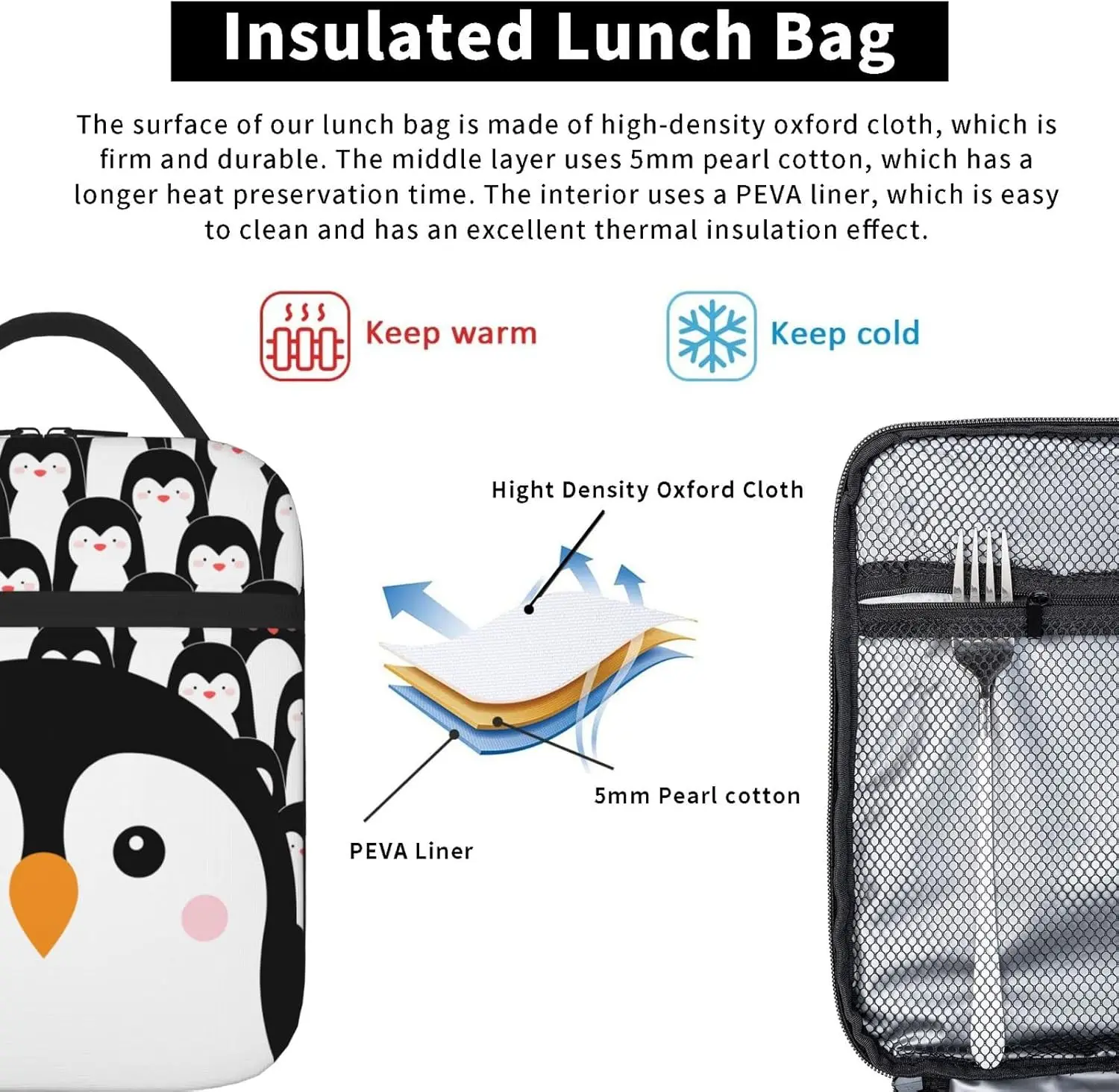 Funny Penguin Reusable Lunch Bag 8 X 4 X 10 Inches Cooler Bag Lunch Box Container with Adjustable for Picnic School Work