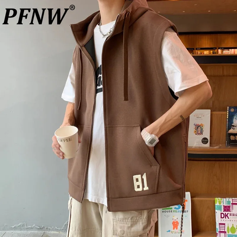 

PFNW Male Letter Hooded Design Vest Korean High Street Drawstring Sleeveless Drendy Handsome Men's Tops 2024 Autumn New 28W4510