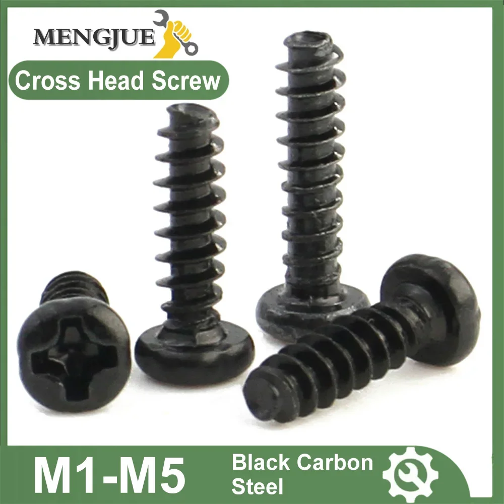 100pcs Black Carbon Steel Phillips M1 M1.2 M1.4 M1.7 M2 M2.3 M2.6 M3 M3.5 M4 M5  Cross Recessed Pan Head Self-tapping Screw