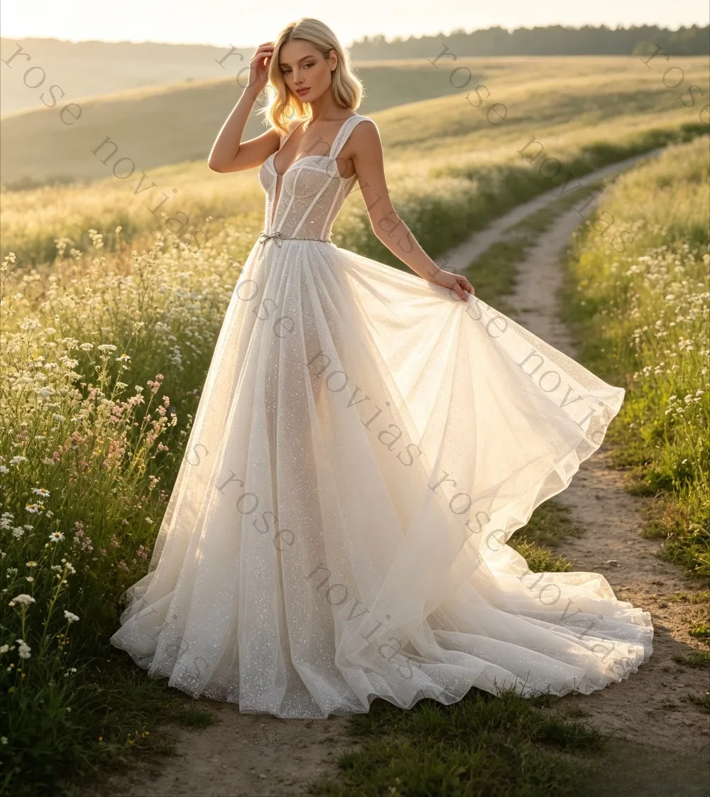 Customized Sparkle Sequin A Line Wedding Dress Deep V Neck Cap Sleeves Luxury Bridal Gown with Long Train for Ceremony Bride