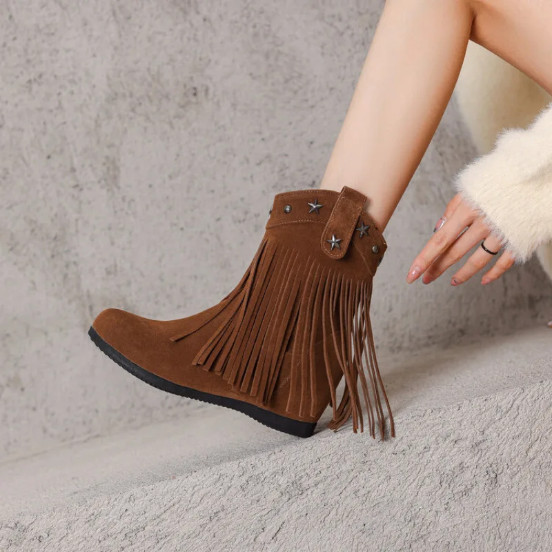 Damskie Retro Lekkie Modne Botki z Frędzlami Okrągły Nosek Podwyższające Krótkie Botki Matowe Botki Cosplay Płaskie Botki Nowe