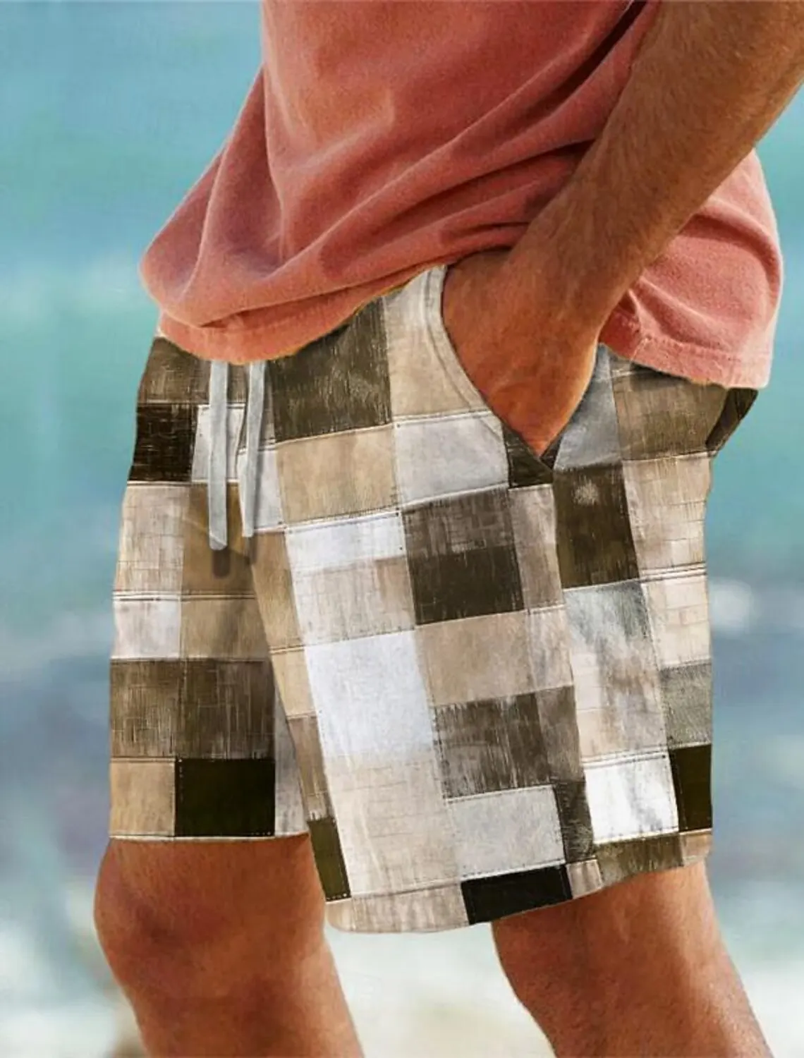 Men's Patchwork Plaid 3D Printed Beach Pants Summer Breathable Shorts Fitness Street Ropa Hombre