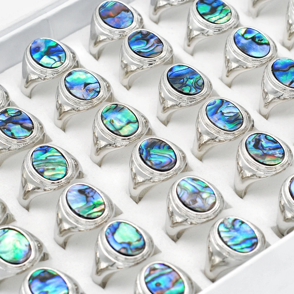 30pcs/Lots Oval Shell Abalone Vintage Rings Men Women Luxury Charm Teenage Fashion Party Gifts Finger Accessories Size 16-20 Mix