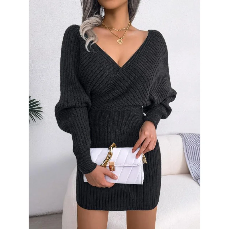 Chique Dames Eenvoudige, Effen Gewikkelde V-Ne-Leg-Of-Schapenvlees Mouwsweater Jurk, Comfort Casual Dame Minimalistisch Slim-Fit Bod Met Lange Mouwen