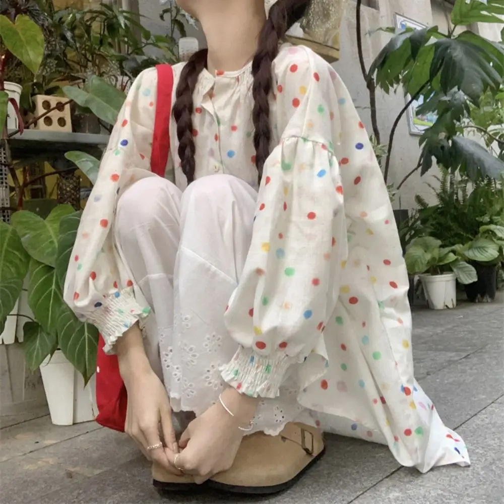

Korean Style Sweet Colorful Dots Blouse Ins Casual Long Sleeve Shirt Spring Autumn Loose Button Shirt Women Streetwear