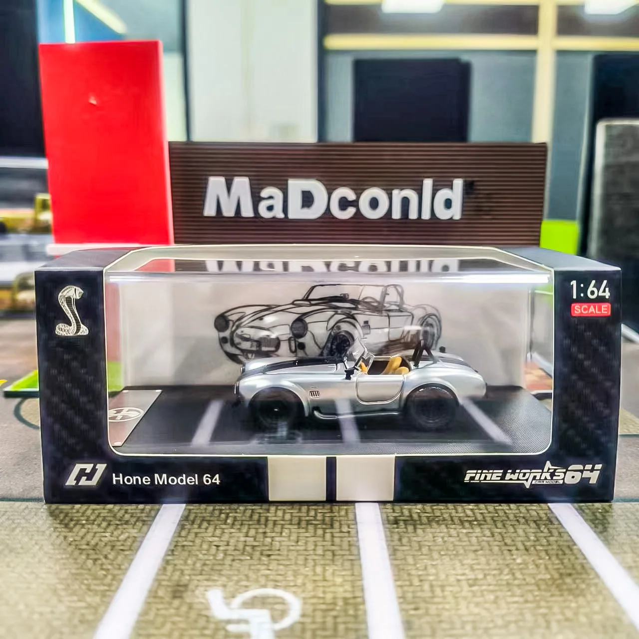 1/64 travaux fins SHELBY COBRA 427S/C Hone modèle 64x haut ouvert argent moulé sous pression