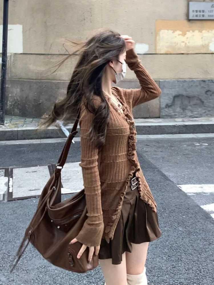 Amerikaanse Stijl Bruin Kant Gebreide 3 Delige Set Vrouwen Herfst Winter Casual High Street Sets Y2k Top + korte Rok Pak 2025 Nieuwe