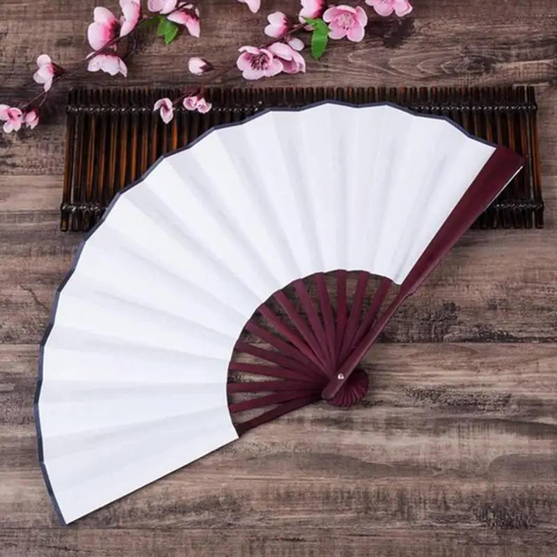 13 Inch Silk Cloth Blank Folding Fan Chinese Wooden Bamboo Antiquity Folding Fan For Calligraphy Painting Home Decor