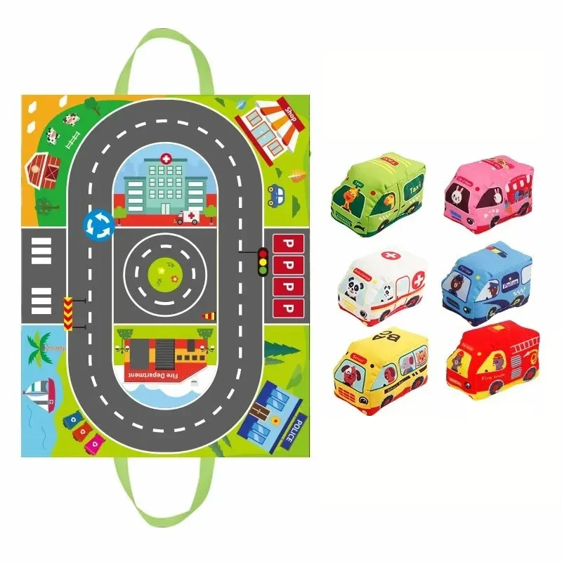Juego de juguetes de coche de tela suave Montessori de Aprendizaje Temprano con tapete de juego, 6 vehículos para bebé, sonajero de papel interactivo, juguete de 12 a 18 meses
