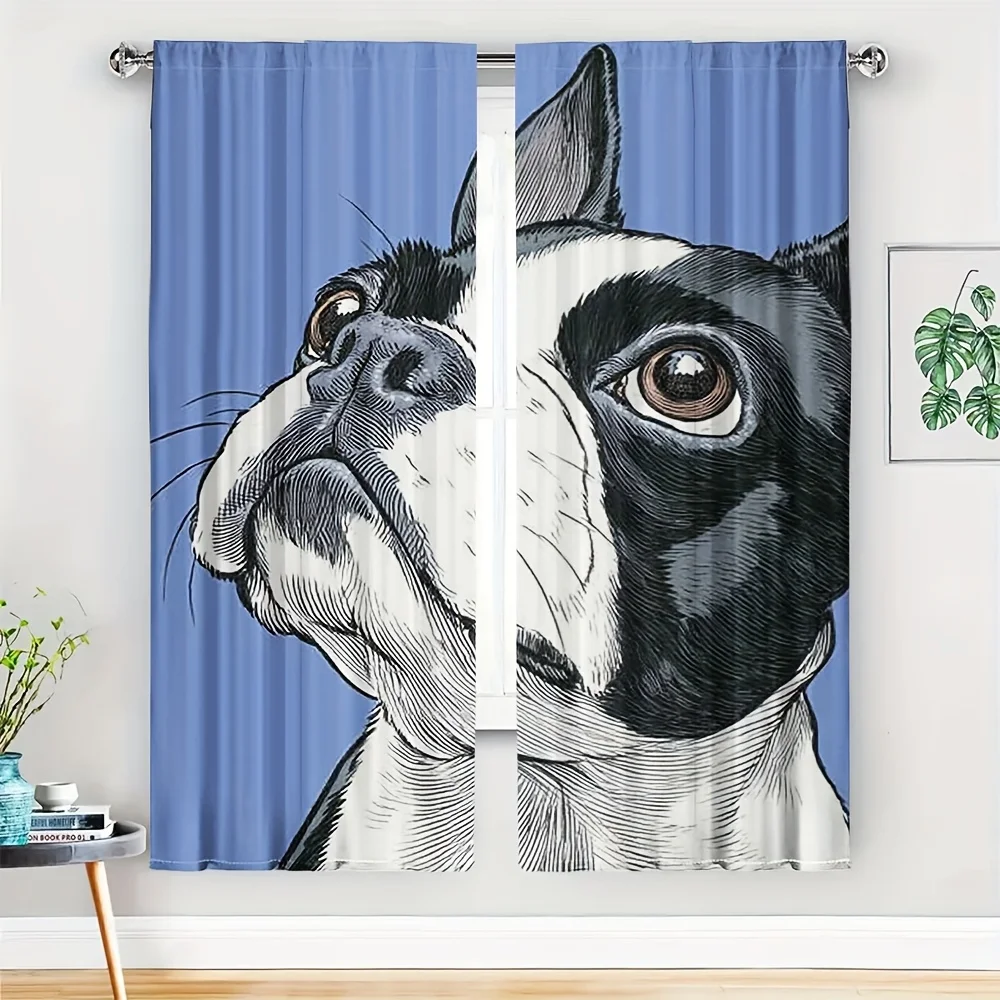 2pcs Boston Terrier Illustration Curtains No Rod — Light Blue Background, Black & White Ink-Drawn Dog Face, Sheer Polyester for