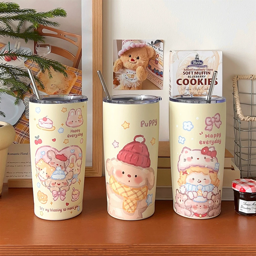 

Kawaii Bear Christmas Cups Tumbler Cute Coffee Thermos Water Bottle With Straw Sainless Steel Cups For Hot Water Tea Gift 550ml