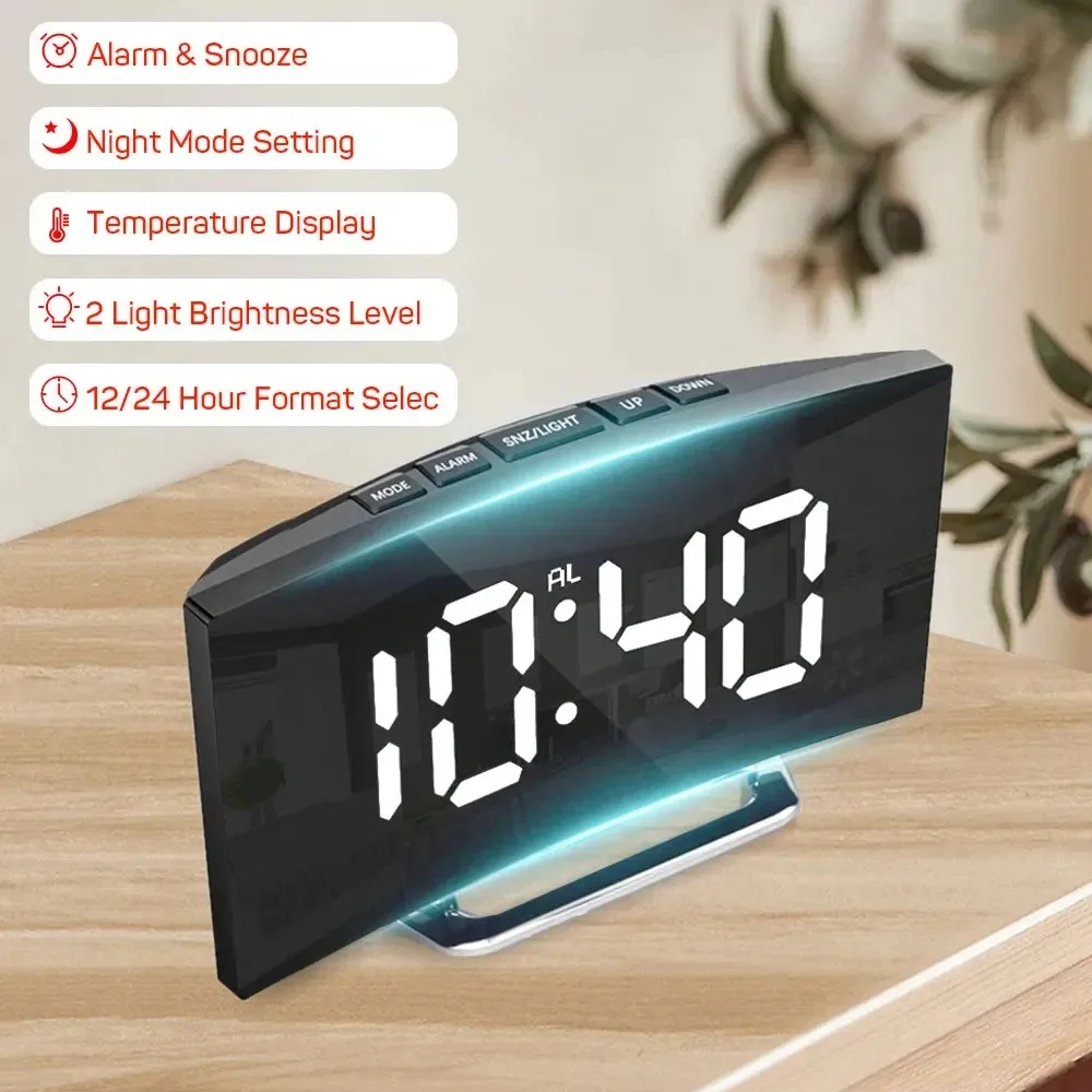 Multifunctional desktop luminous electronic alarm clock creative large screen curved LED home digital mirror clock ornament