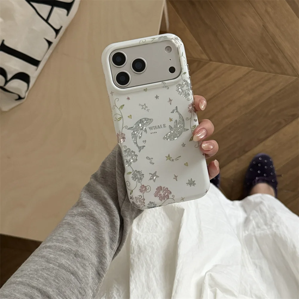 Elegant Silver Foil Whale Floral Phone Case For iPhone 15 16 17 Pro Max Star Flower Vine Shockproof Soft Matte Protective Cover