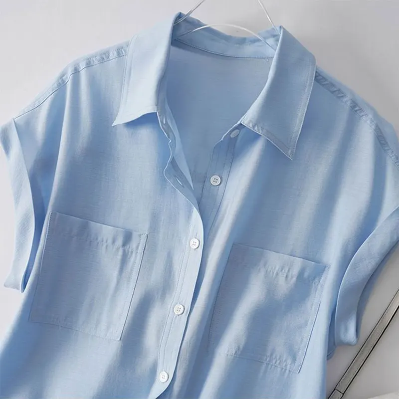 グリーンソリッドカジュアルポロネックシングルブレスト半袖レディースブラウスシャツカジュアル女性服トップスファッション2026春