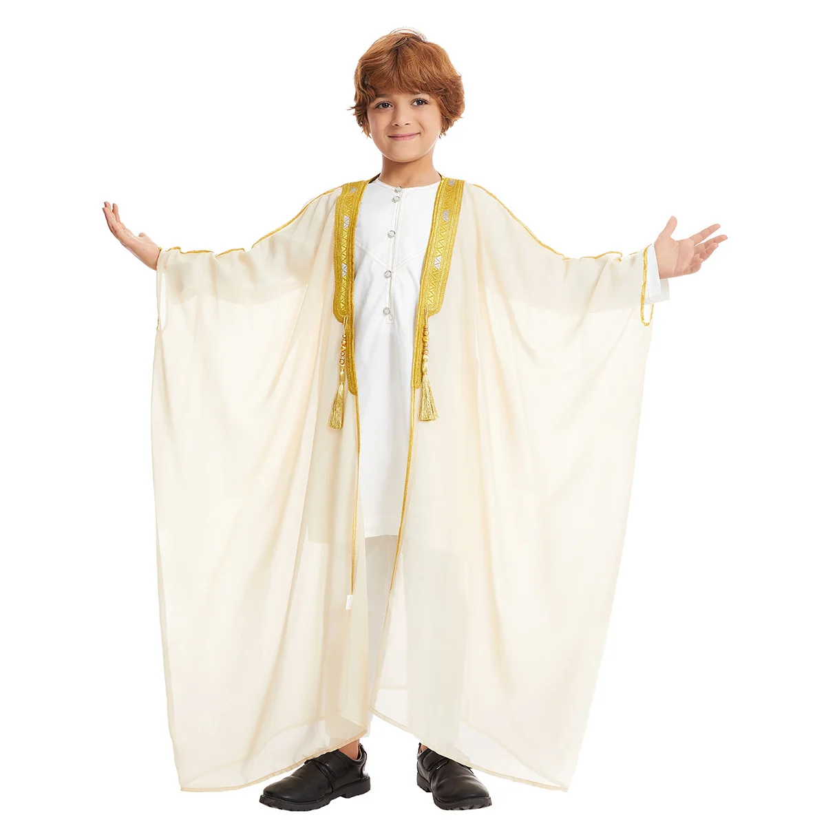 Boy's Arab Muslim Thobe Dubai Chiffon Muslim Embroidered Tassels Kaftan East Arabian Abaya Dress Casual Islamic Long Dresses