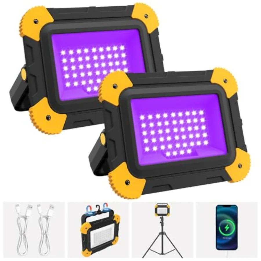 Rechargeable Black Light 2-Pack, 5000mAh Portable Battery Powered Magnetic LED Blacklights, Waterproof Cordless 405nm Ultraviol