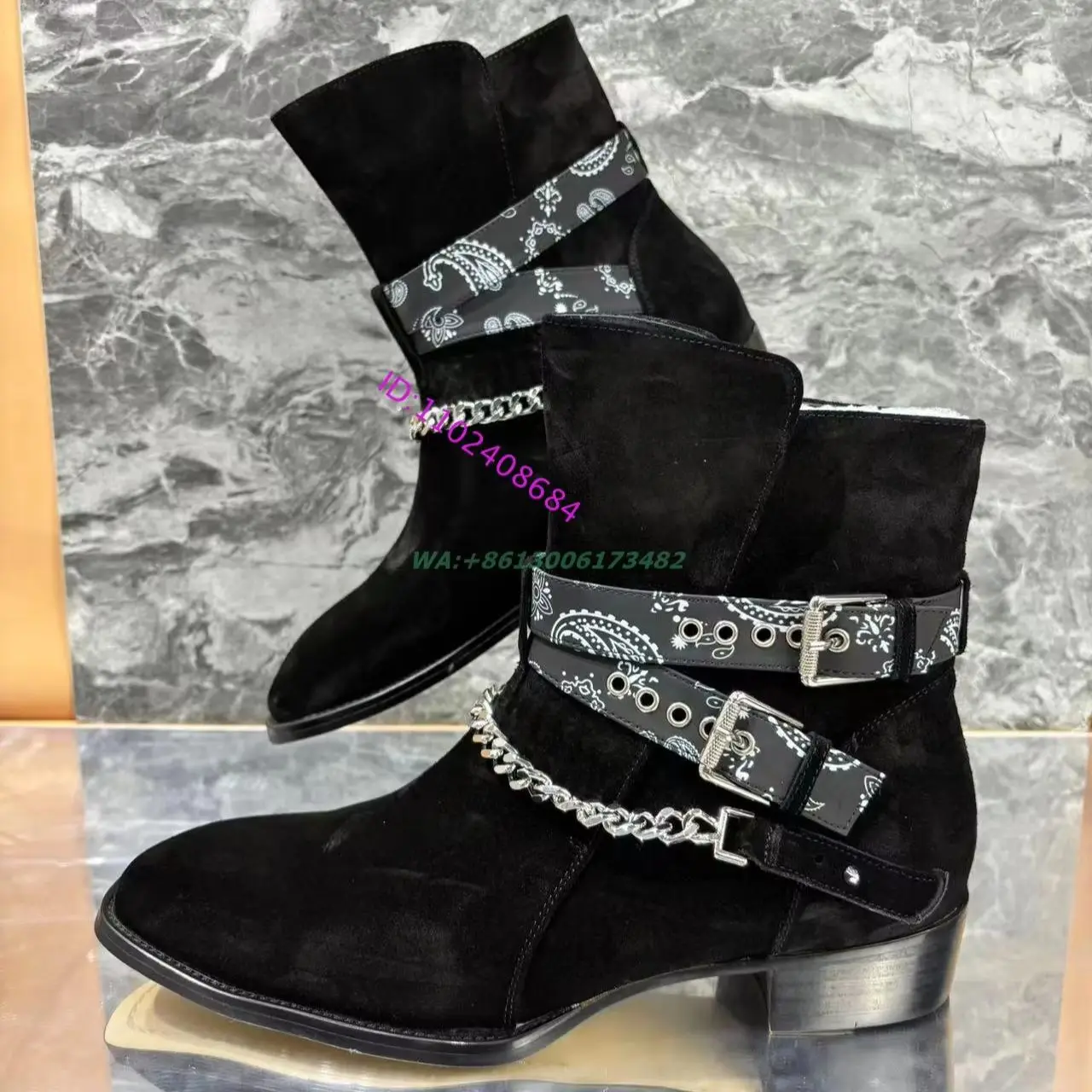 Design Men Black Suede Chain Belt Buckle Ankle Boots Hand Made Real Suede Leather Man Short Boots Plus Size 48