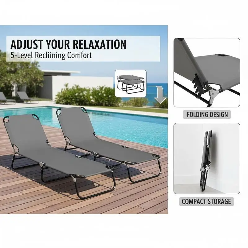 2 Pieces Pool Chaise Lounge Chairs, Folding Lounge Chairs with 5-Level Reclining Back, Steel Frame, Dark Gray