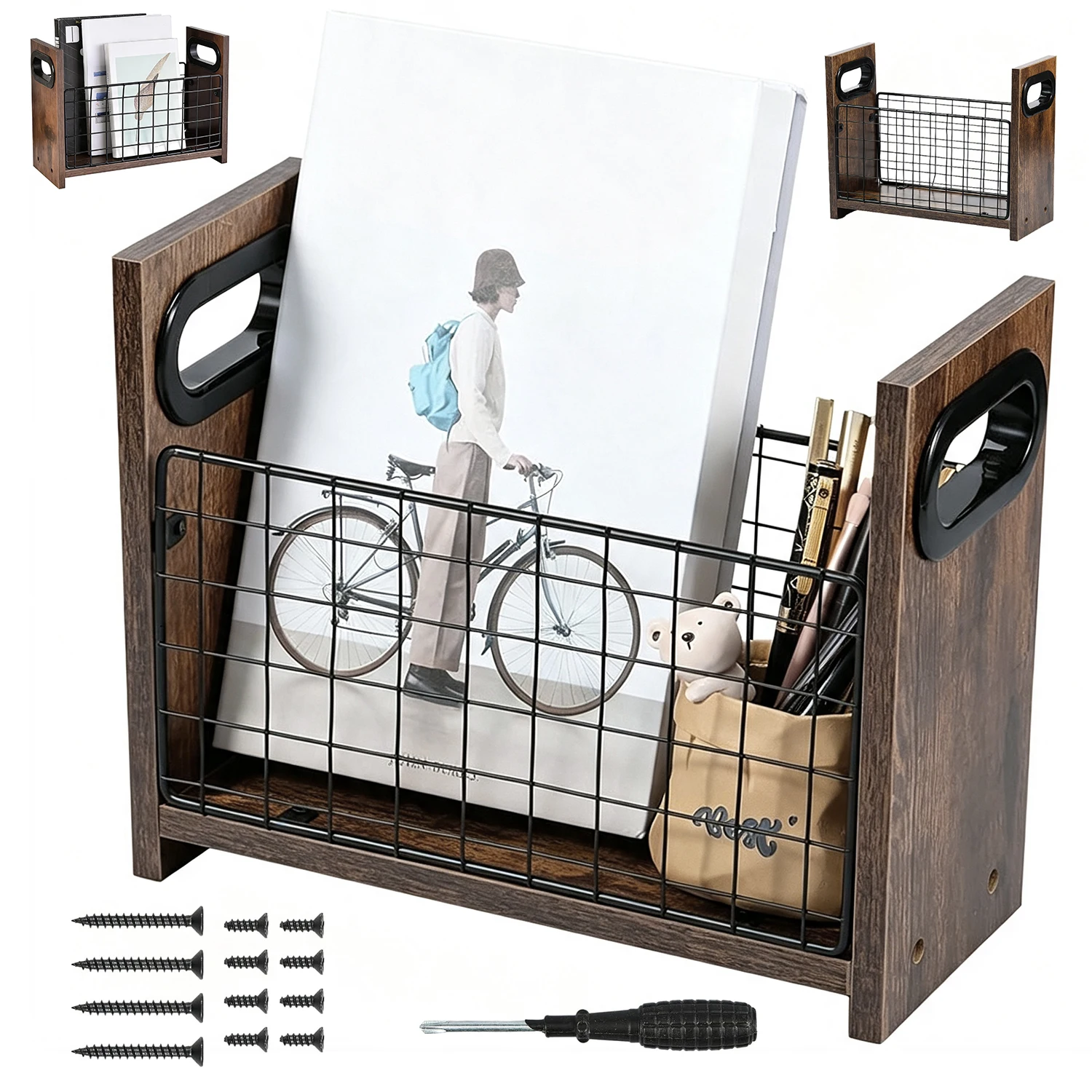 Porte-revues rétro en bois brun et métal, support de journaux sur pied ou sur table pour livres, dossiers et périodiques – Idéal pour les fournitures de journalisation, les coins lecture du salon et la décoration des halls de café