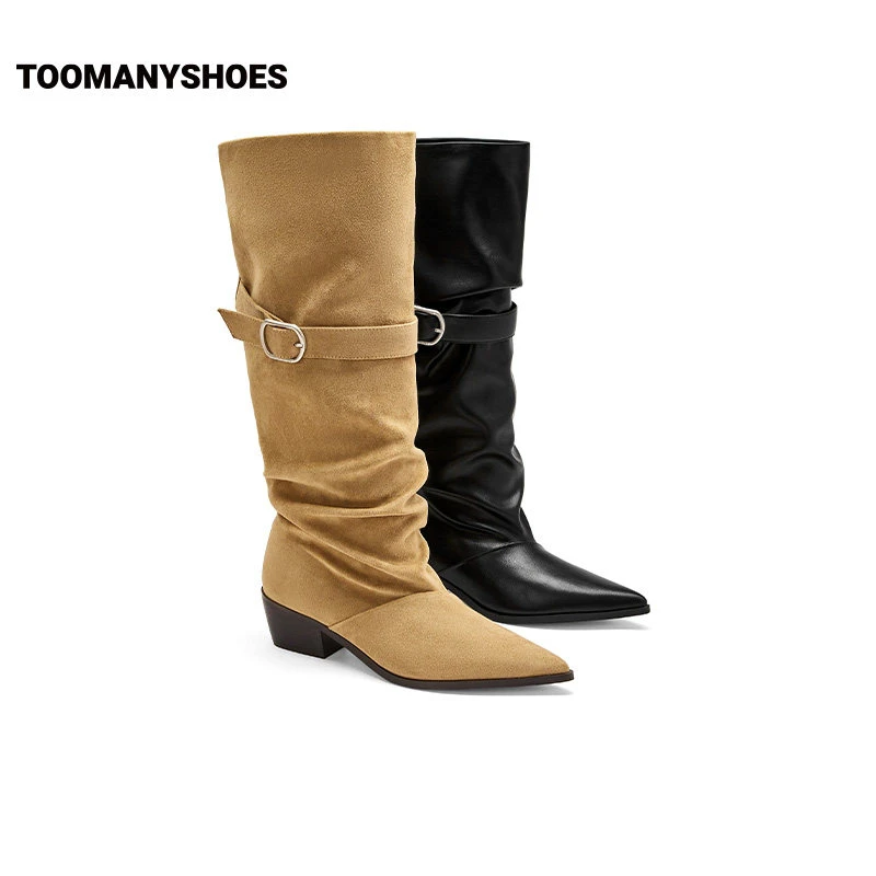 Pointed Leather Buckle Long Boots for Women, 2026 New Style, Chunky Heel, Knight Boots, Mid-heel