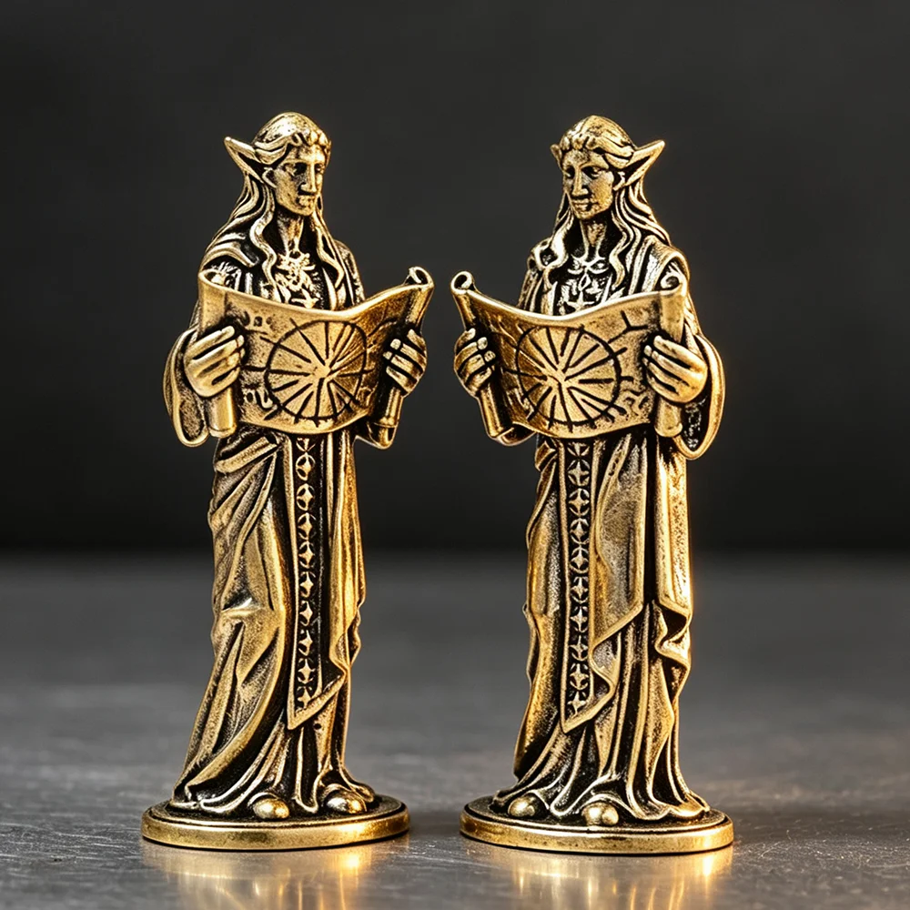 Vintage Brass Elf Seer Miniature Statue Fantasy Elf Prophet Holding Star Map Scroll Tabletop Game Collectible Ornament