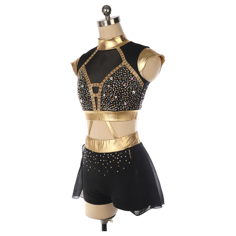 Aerial Yoga Pole Dance Costume Performance Competition for Women and Adults with Multiple Diamonds in Black and Gold