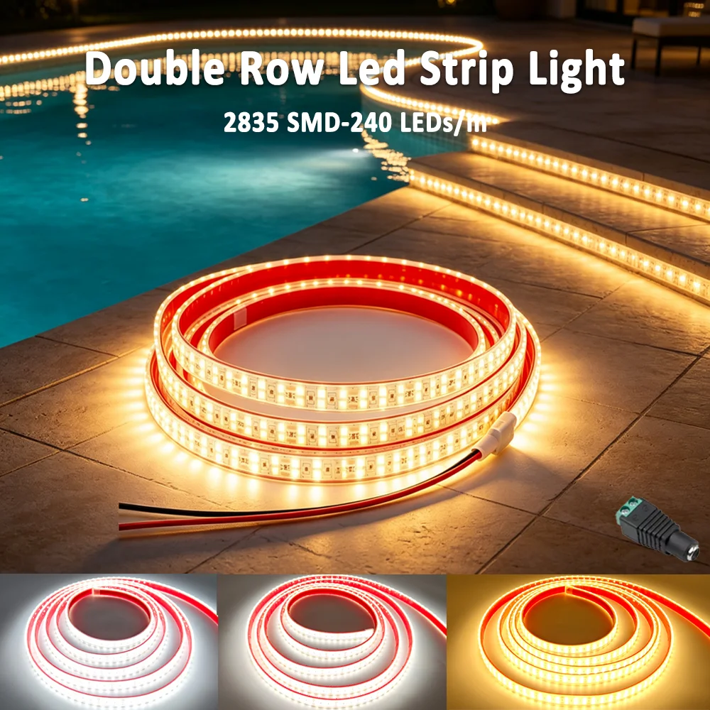24V Double Row 2835 Flexible LED Strip 240leds/m IP68 Waterproof Flexible Ribbon Rope LED Lights Garden Outdoor Decor 10M/20M