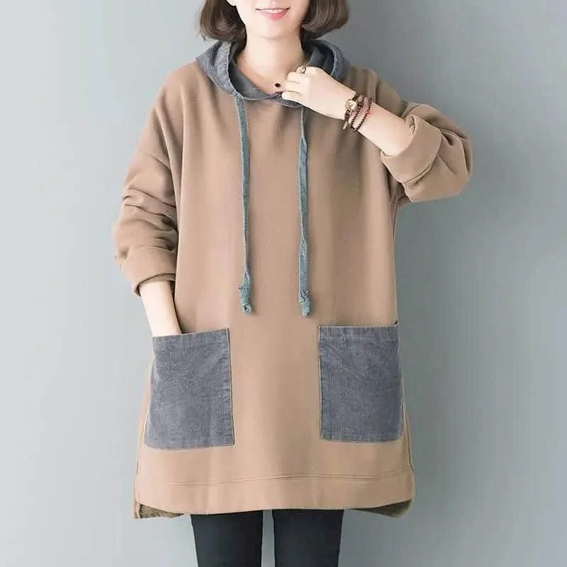 Felpe con cappuccio da donna ispessite e velluto a maniche lunghe oversize con cappuccio di media lunghezza estetica vintage stile coreano top casual da donna