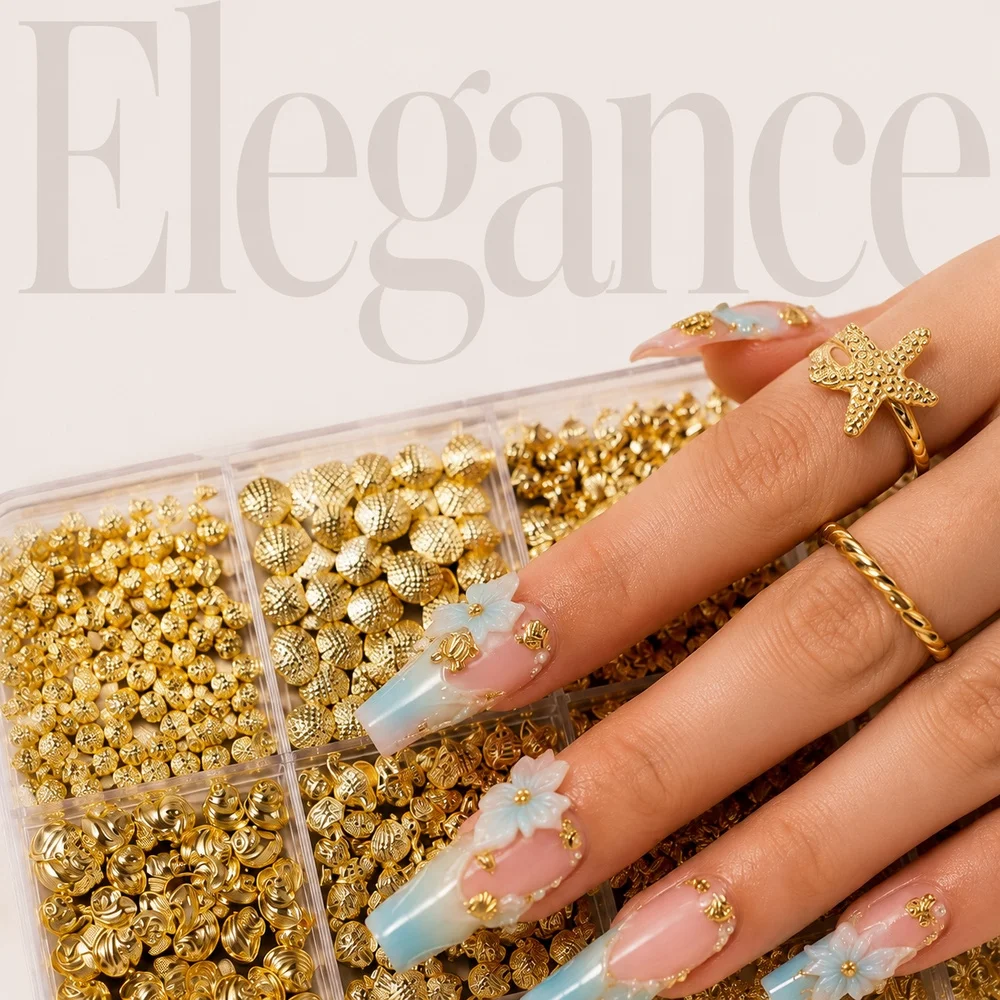 12 Grids Beach Seashell Nail Metal Rivet Set With Tweezers Golden Turtle Sun Starfish Nail Studs For Acrylic Nail Design