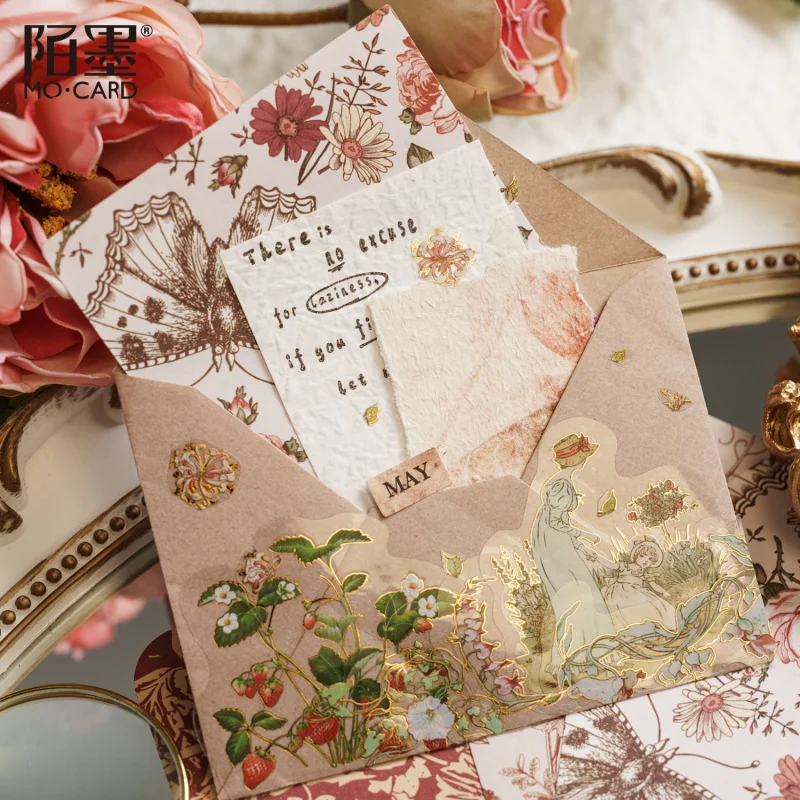 30Pcs Stickers + 1 Envelope + 3Pcs Material Paper Set Gold Foil Craft DIY Handmade Album Scrapbooking Decorative Paper Supplies