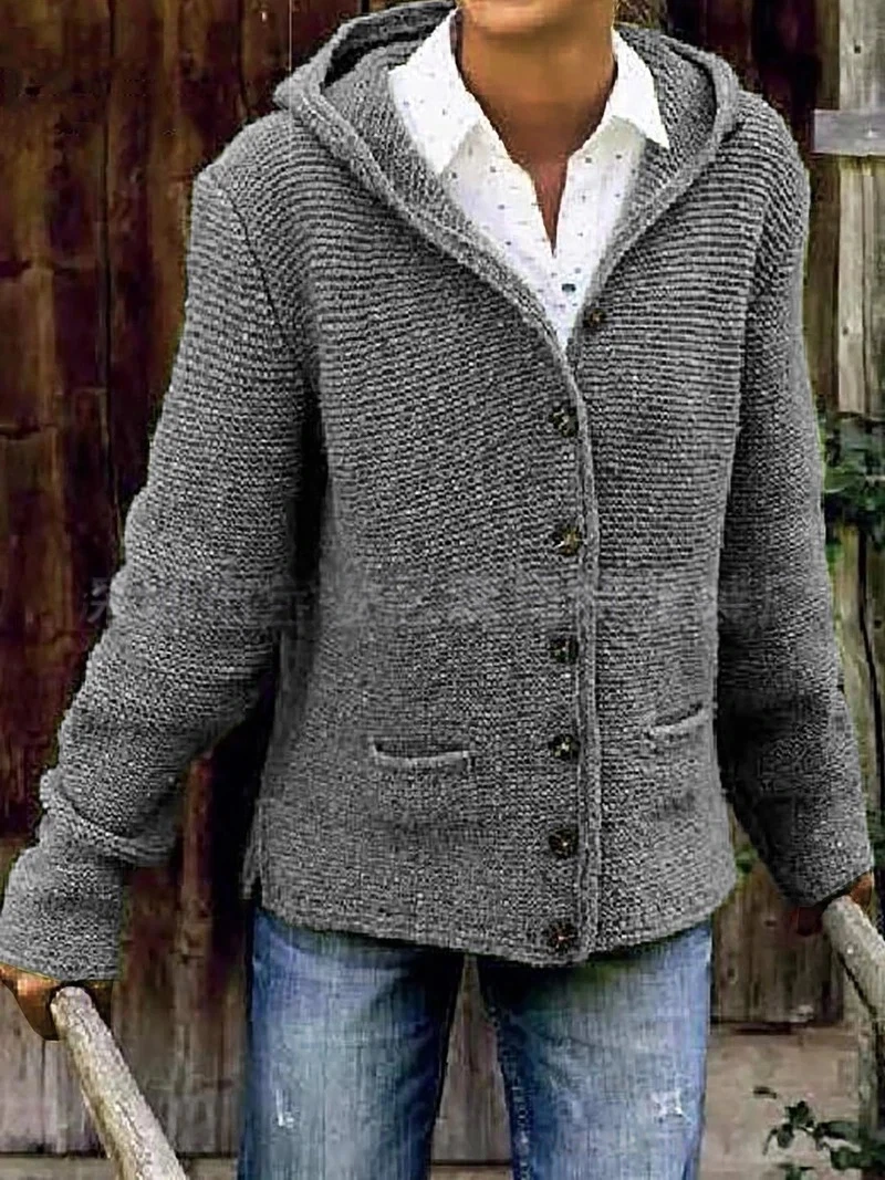 XXOWENLI Hooded Knit Cardigan Fashion Solid Color Long Sleeve Button Sweater Coat With Pockets Autumn Winter Warm Knitted Jacket 6