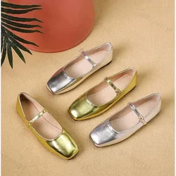 2025 New Autumn Elegant Woman Square Toe Lolita Lady Barefoot Boat Gold Flats Elegant Soft Sole Ballerina Party Mary Jane Shoes