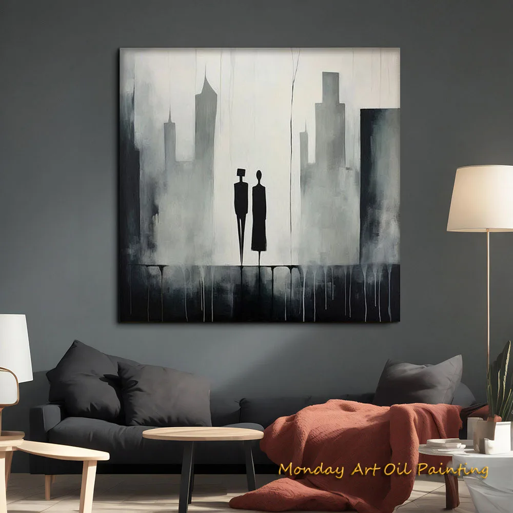 Hand Painted Abstract Couple City View Lovers Textured Acrylic Woman And Man Abstract Oil Painting Wall Art Fedex Shipping Cost