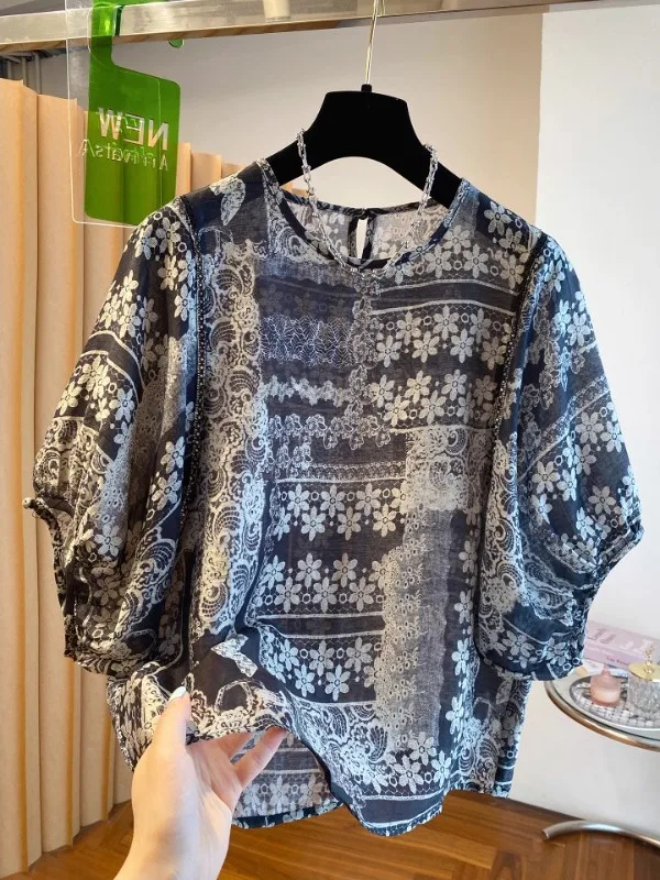 

Retro Ethnic Sle Loose Lightweight ort Sve Women's Chiffon T-irt Faionable Summer Top round Ne Print Design