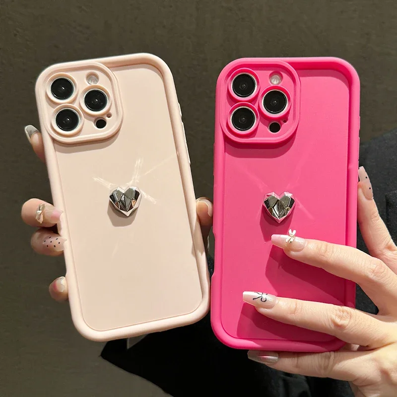 Korean 3D Silver Love Heart Phone Case For Xiaomi Redmi Note 14 13 12 Pro Plus 13 12S 11S 10S Redmi 12C 13C 14C Pro Soft Cover