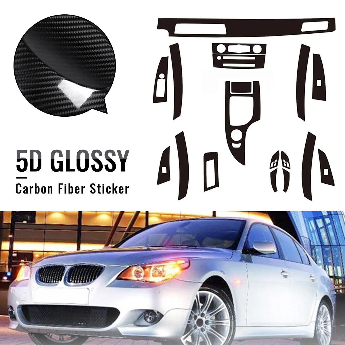 18Pcs 5D Glossy Carbon Fiber Sticker Vinyl Decal Trim Stylish Protective Decor For BMW 5-Series E60 2003-2010 Right Hand Drive