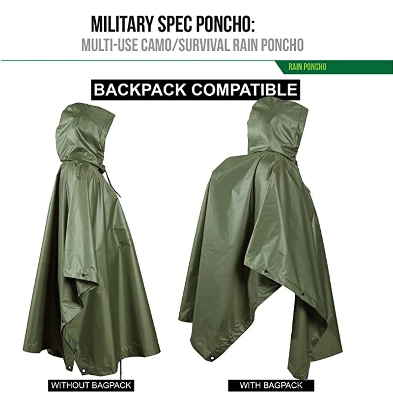 Multi Functional Camo Poncho, Canopy, PU Coating, Lengthened Waterproof Raincoat with Umbrella Rope, Mountain Climbing Riding