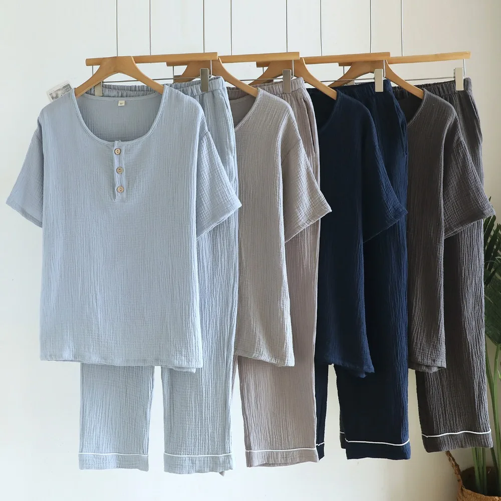 

Pure Cotton Men's Pajamas Summer Short Sleeve Sleepwear Room Wear 2-Piece Pyjama Homewear Set Loose Soft Loungewear for Men