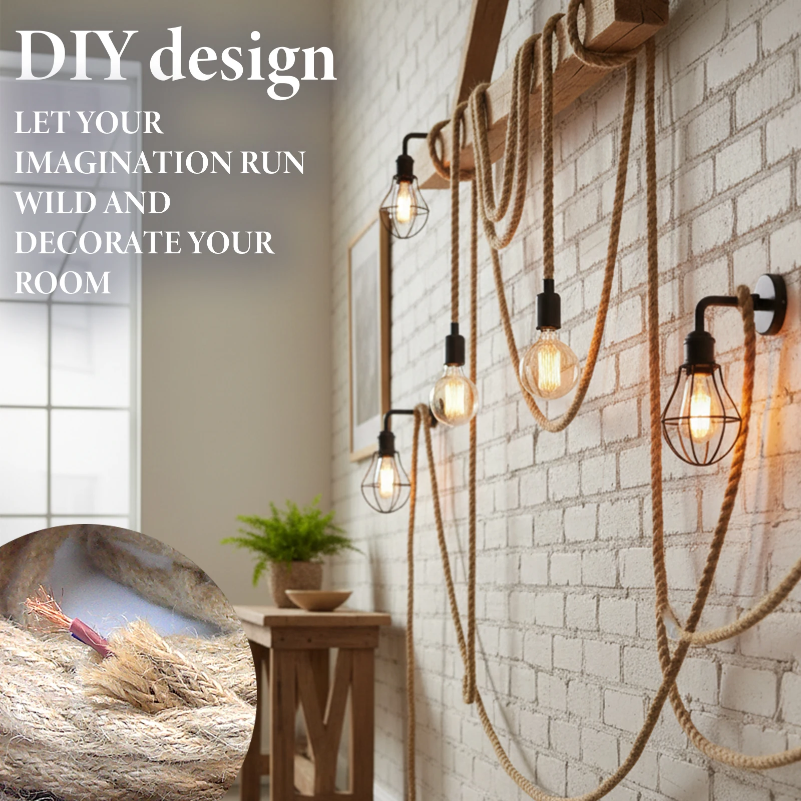 Hemp Rope Electrical Wire, Vintage Twisted Braided Cord for Pendant Light, E27 Lamp Holder Compatible, Multiple Length Options