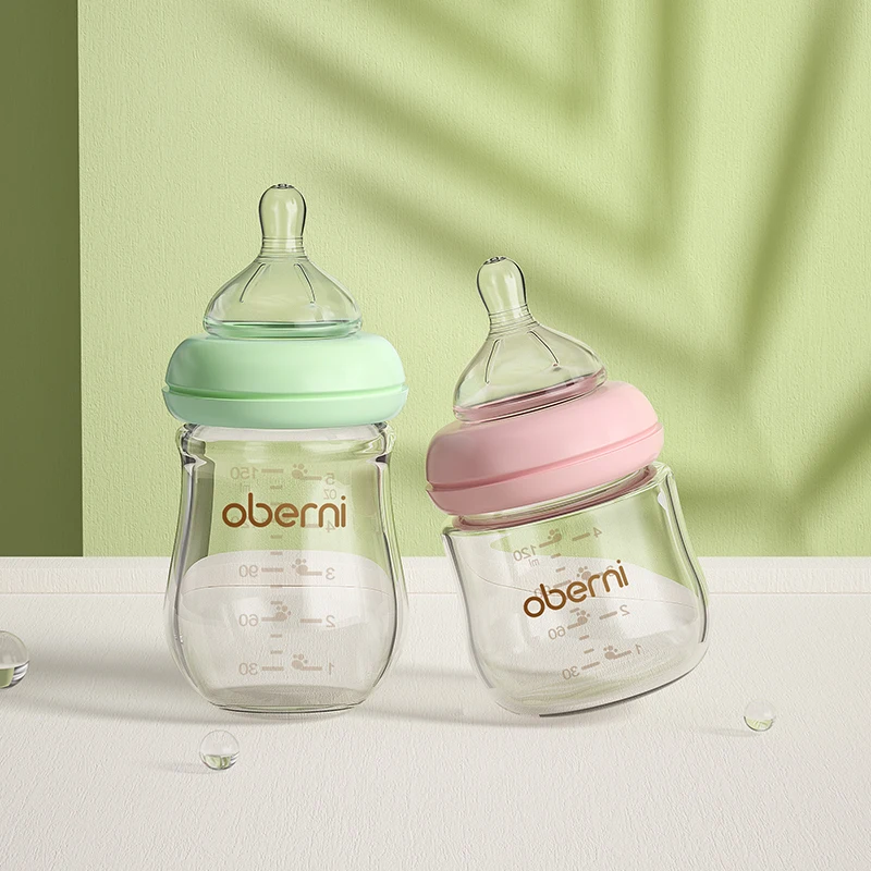 

Oberni baby milk feeding bottle Anti Colic Baby Glass Feeding Bottle with silicone mimics breast nipple 0 to 6 months