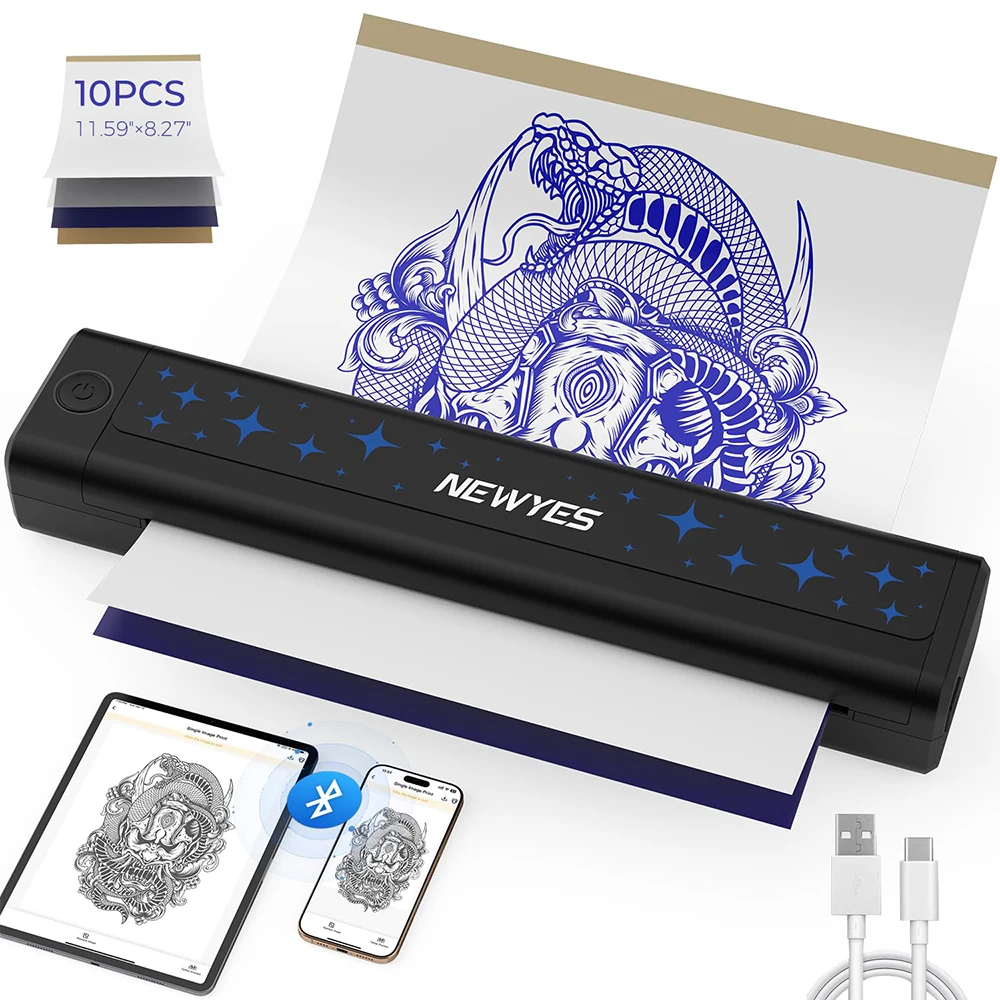 Tattoo Stencil Printer Portable Tattoo Printer Suitable for Compatible with Phones Tablets and Computers 10Pcs Tattoo Disposable