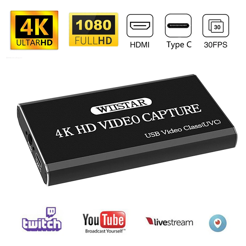 Tarjeta de captura de vídeo HDMI a USB tipo C USB 1080P grabador de vídeo HDMI 4K Loopout para PS4 TV Cámara grabación en vivo