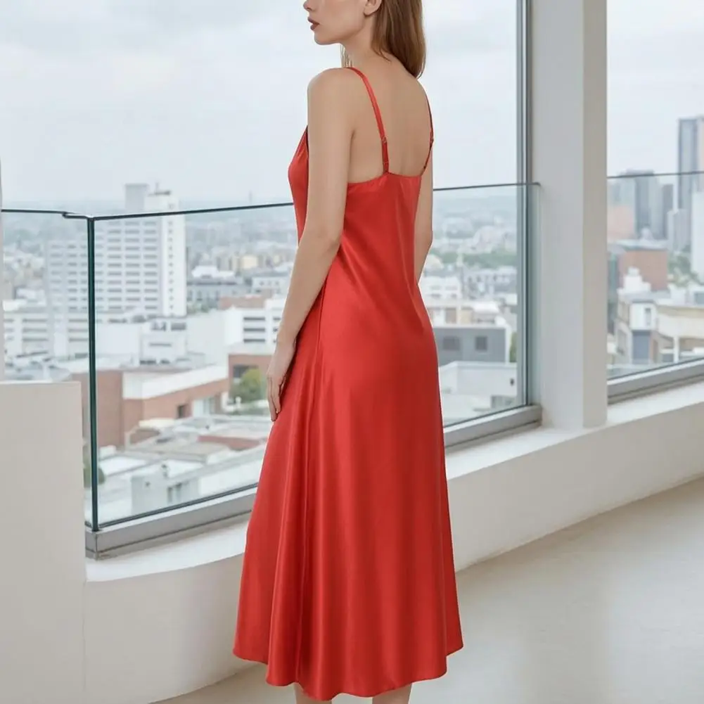 Sexy Nightdress Deep Neck Sleepwear Women Simulated Silk Satin Nightie Nightgown Sleeveless Nightwear Home Dress Spaghetti Strap