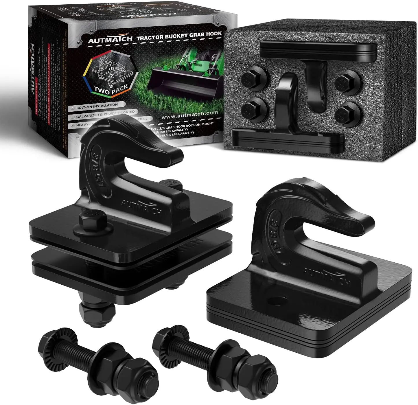 

Bolt-On Grab Hook Set for Tractor Bucket, Truck - Grade 70 Steel, Max 18,000Lbs Load Capacity, Black Finish