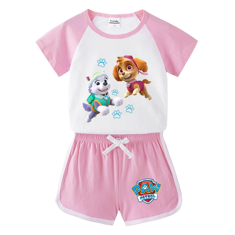 Vêtements d\'été pour garçons, tenue imprimée dessin animé PAW Patrol, t-shirt à manches courtes + short, 2 pièces, nouvelle collection 2024